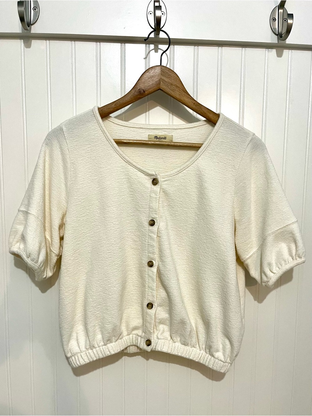 Madewell Cream Button-Front Short Sleeve Top with Elastic Hem